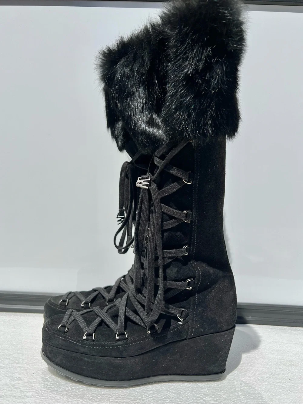 Stuart Weitzman Women's Black Suede Knee High Lace Up Fur Boots Platform 7.5